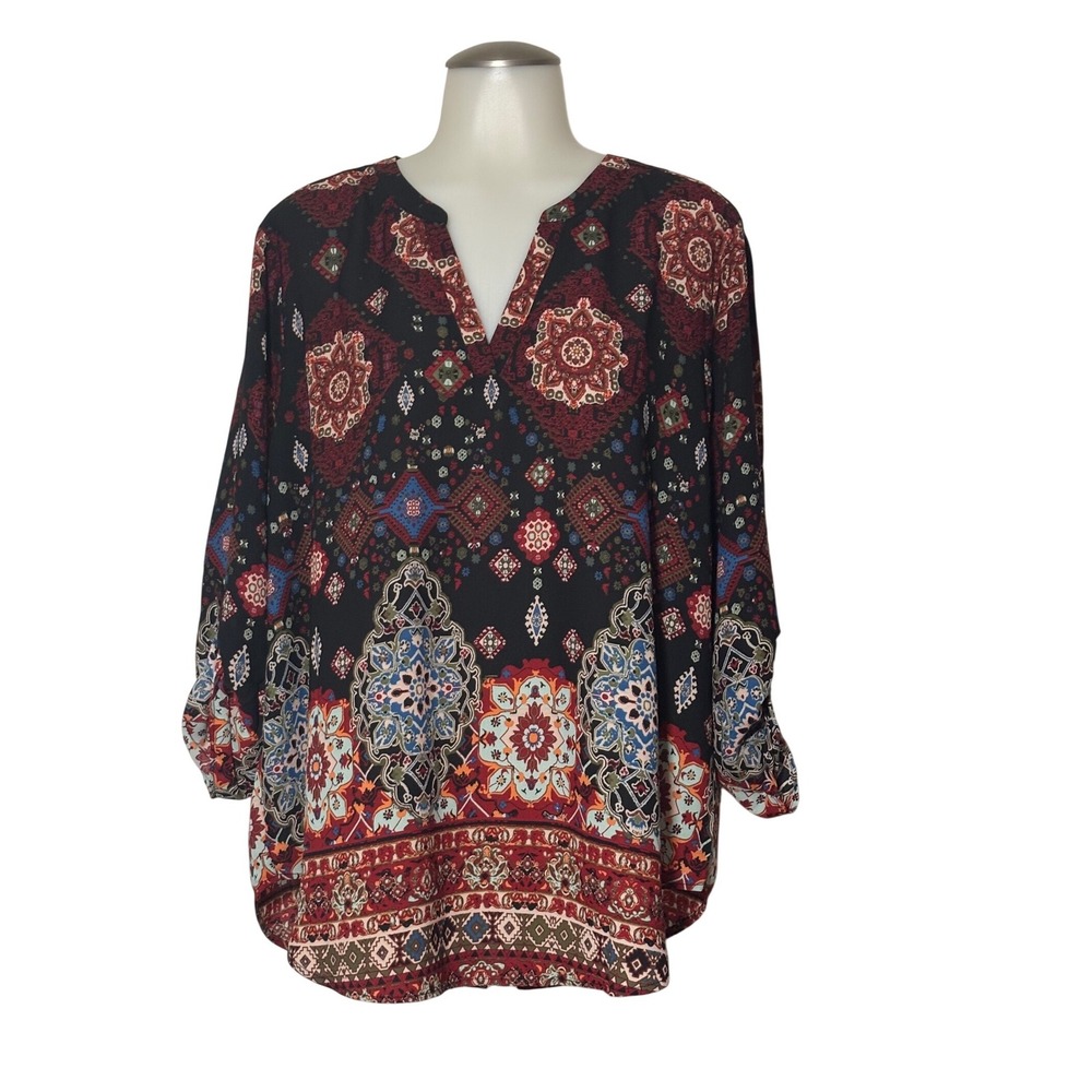 Maurices Tunic Blouse Women XL Black Multi Paisley Roll-Tab NWT